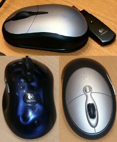 En haut :  Logitech Notebook Optical Mouse Plus / en bas  gauche : MX510 / en bas  droite : Cordless Click! Plus Optical