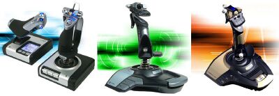 De gauche  droite : Saitek X52, Saitek Cyborg EVO Wireless, Saitek Cyborg EVO Force